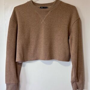 Zara| Tan Brown Comfy Cropped Crew Neck Pull-Over Sweater Sz S